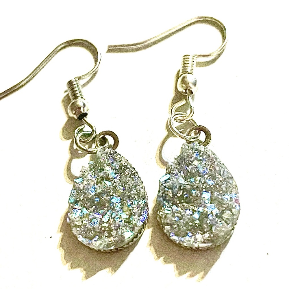 Iridescent Silver Druzy Teardrop Dangle Earrings